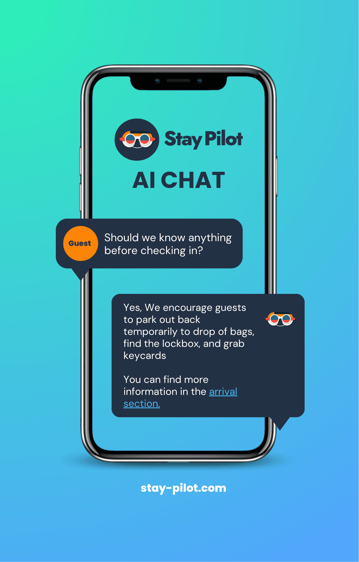 AI Chat Assistant Demo showing a conversation with a guest asking about WiFi and getting instant answers
