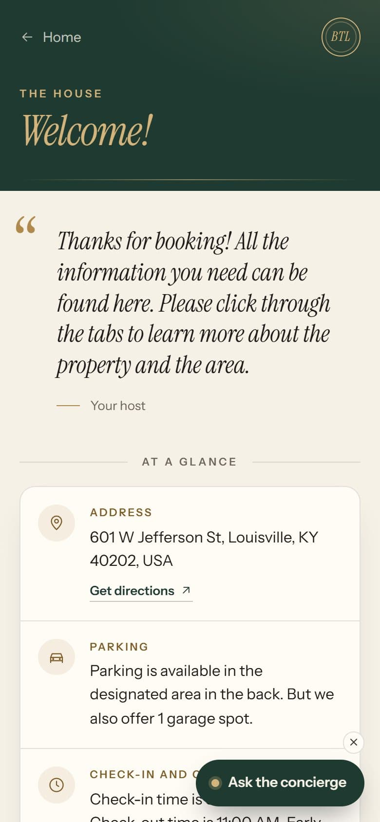 The Concierge layout, House info screen