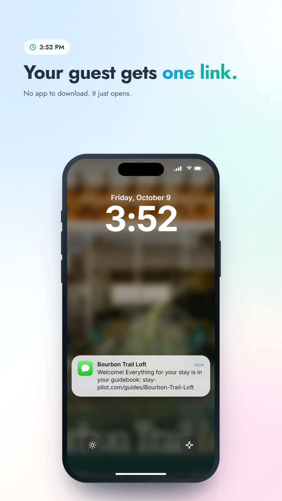 A guest's first night with a Stay Pilot guidebook: the host's link, check-in steps, the host's restaurant picks, and the AI concierge answering an 11 PM Wi-Fi question.
